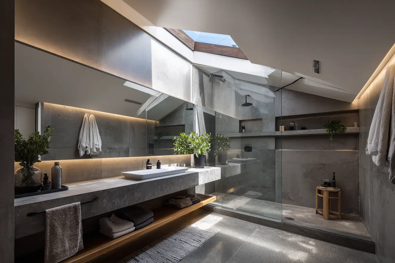 Custom shower screen fitted under an angled skylight ceiling in a designer bathroom.