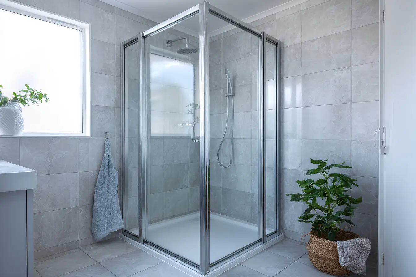 Silver-framed corner shower screen in a bright tiled bathroom.