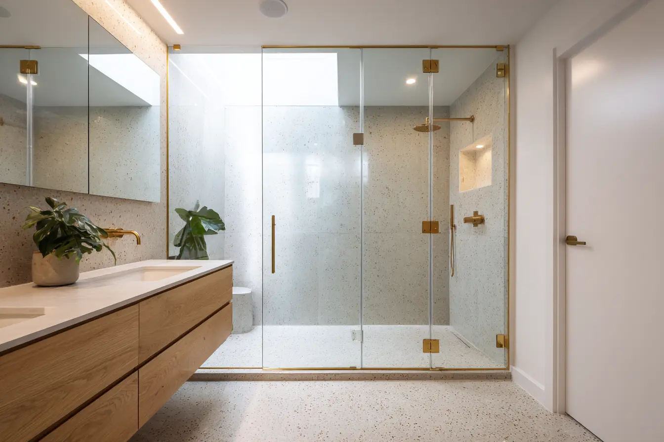 Frameless glass shower screen with brushed-brass hardware beside a timber vanity.