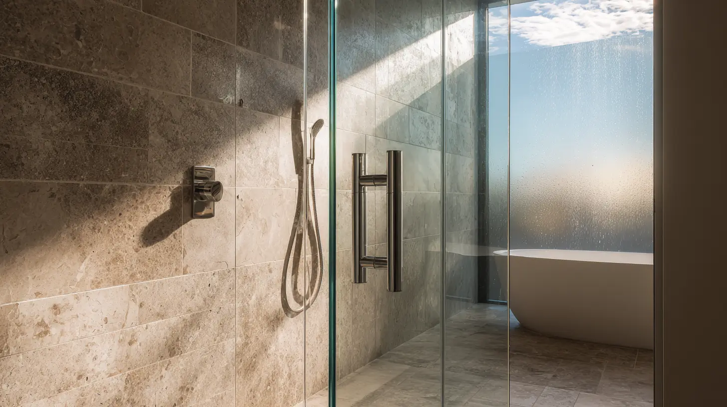 Semi-frameless walk-in shower with clear glass against travertine stone tiling.