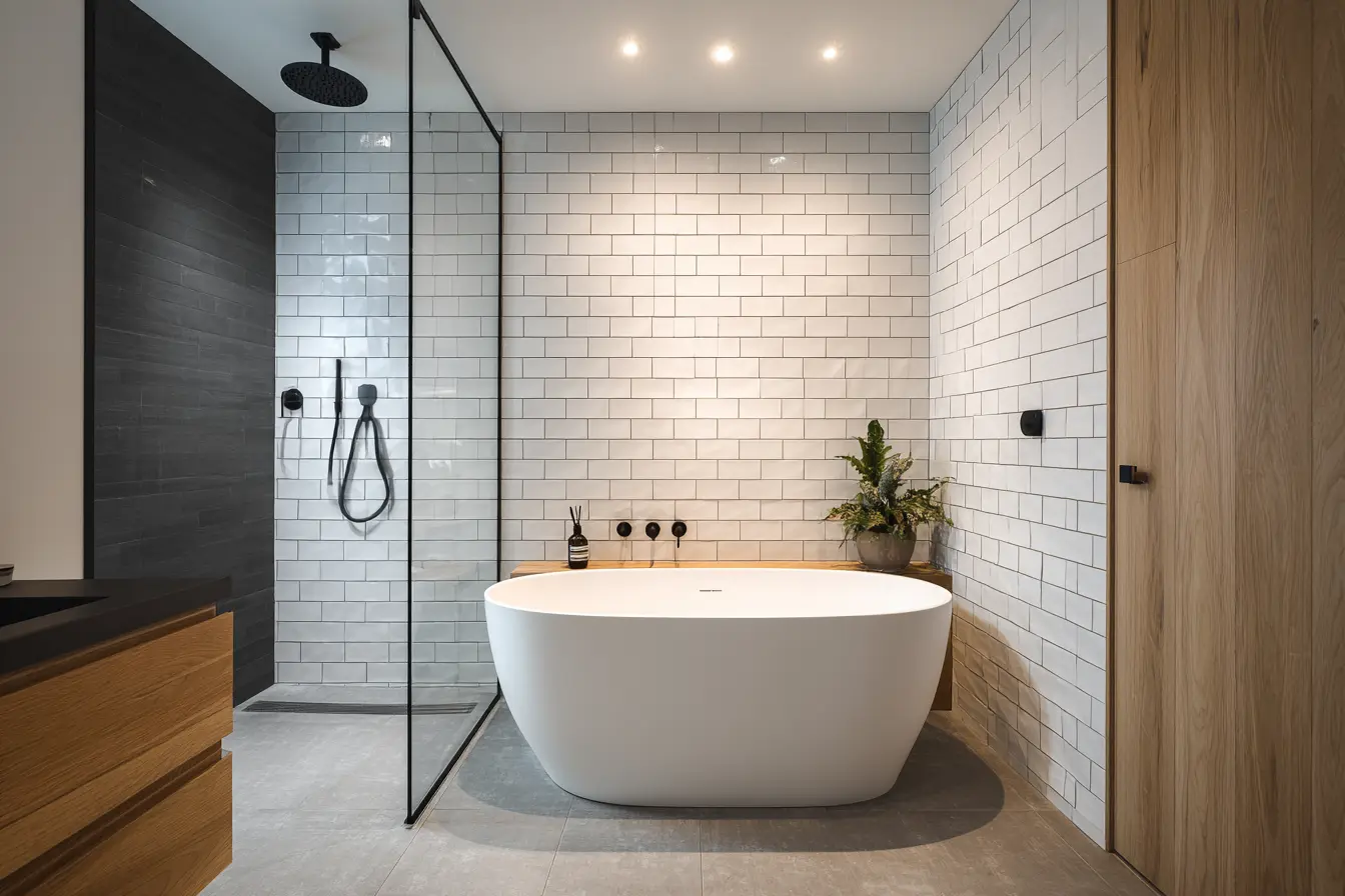 Fixed glass over-bath shower panel beside a freestanding bath and subway tiles.