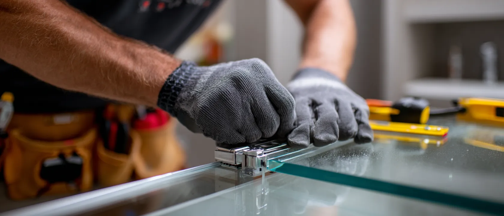Installer in work gloves trimming the edge of a shower screen glass panel at the factory.