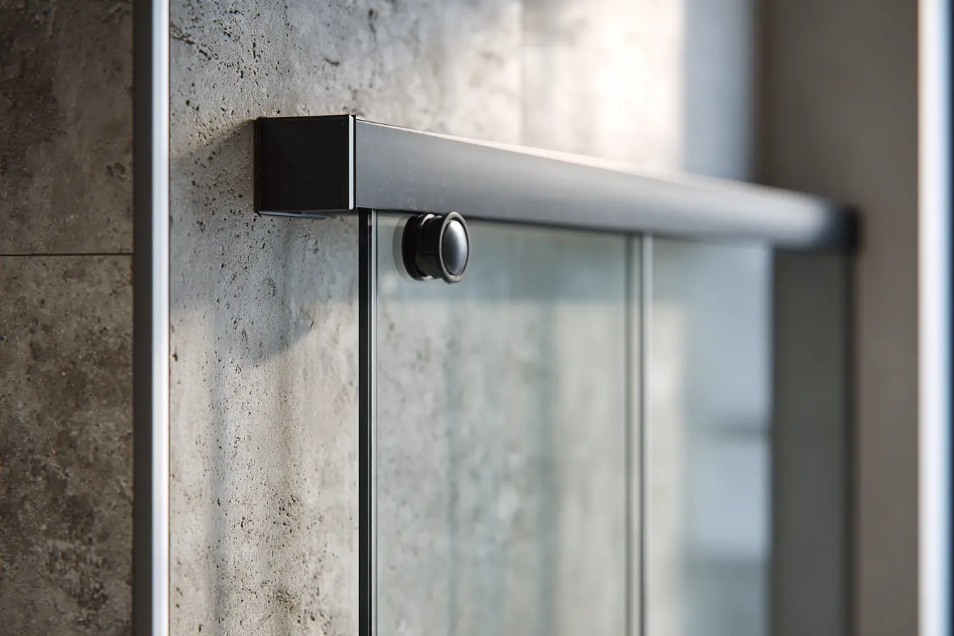 Close-up of a matte-black sliding shower screen track and roller on glass.